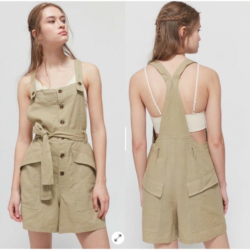 Urban Outfitters Boho Linen Shortall Overalls Quay Olive Green Large NWT - Picture 1 of 12